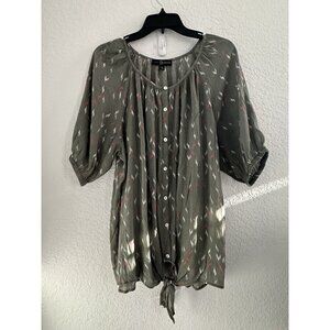 Fred David Womens Blouse 1X Green Geo Buttons Short Balloon Sleeve Dark Cottage